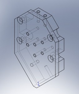3D CAD model of a mechanical part showing hole placements and internal geometry for product testing and certification review.