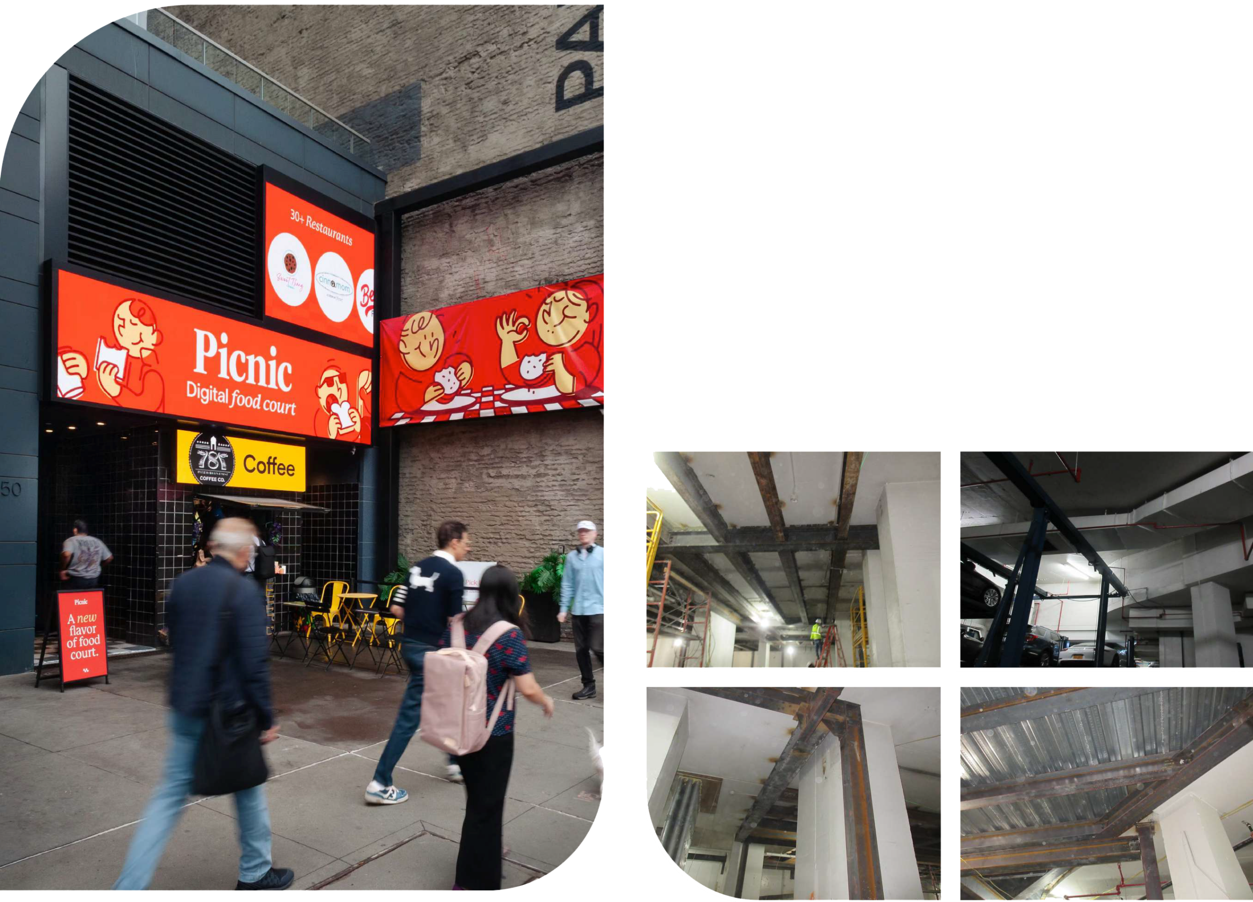 adaptive reuse project transformed an existing three-story parking garage to a multi-tenant commercial food-service facility in the heart of Times<br />
Square