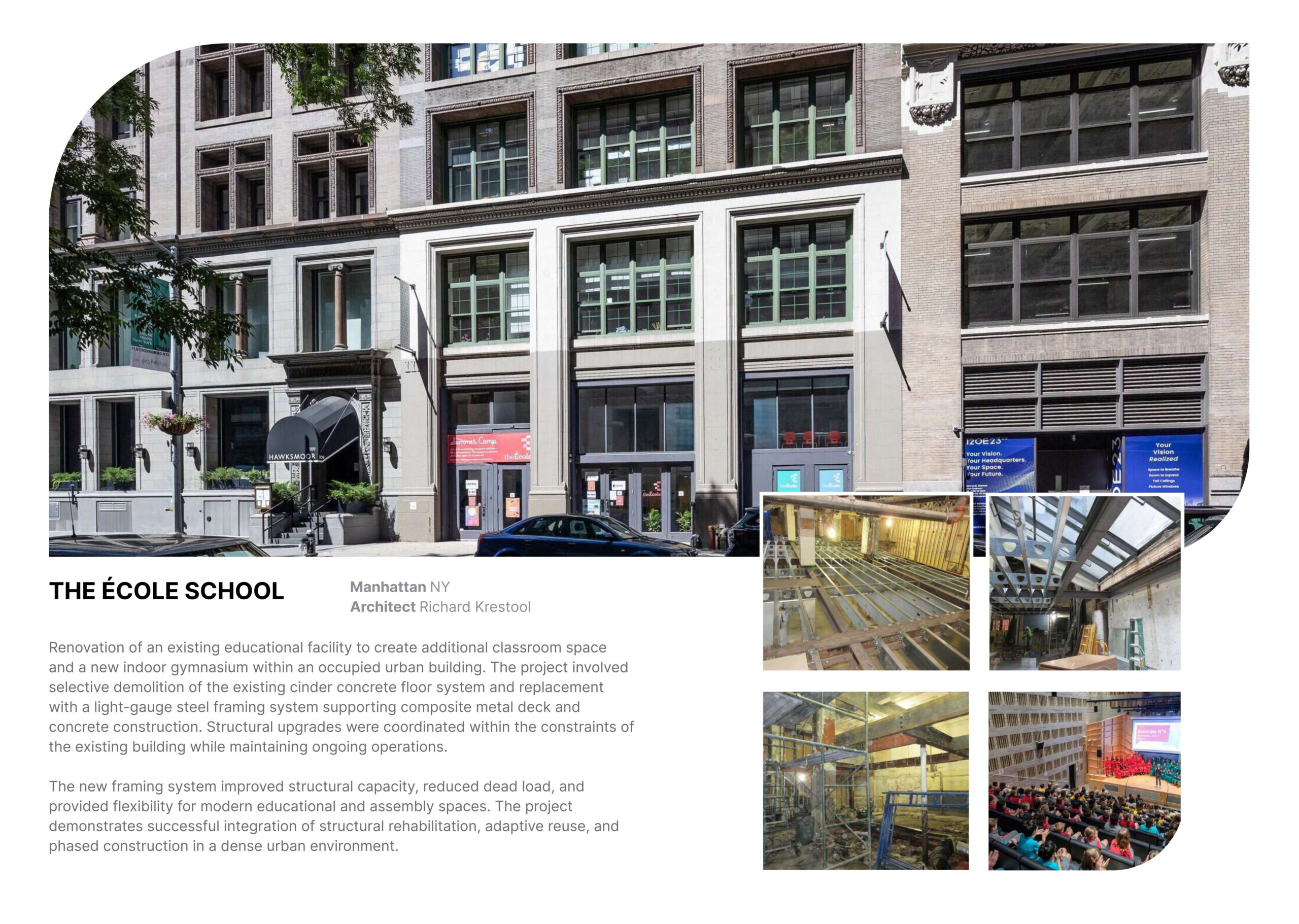 EcoleSchool adaptive reuse project transformed an existing three-story parking garage into a multi-tenant commercial food-service facility in the heart of Times Square.