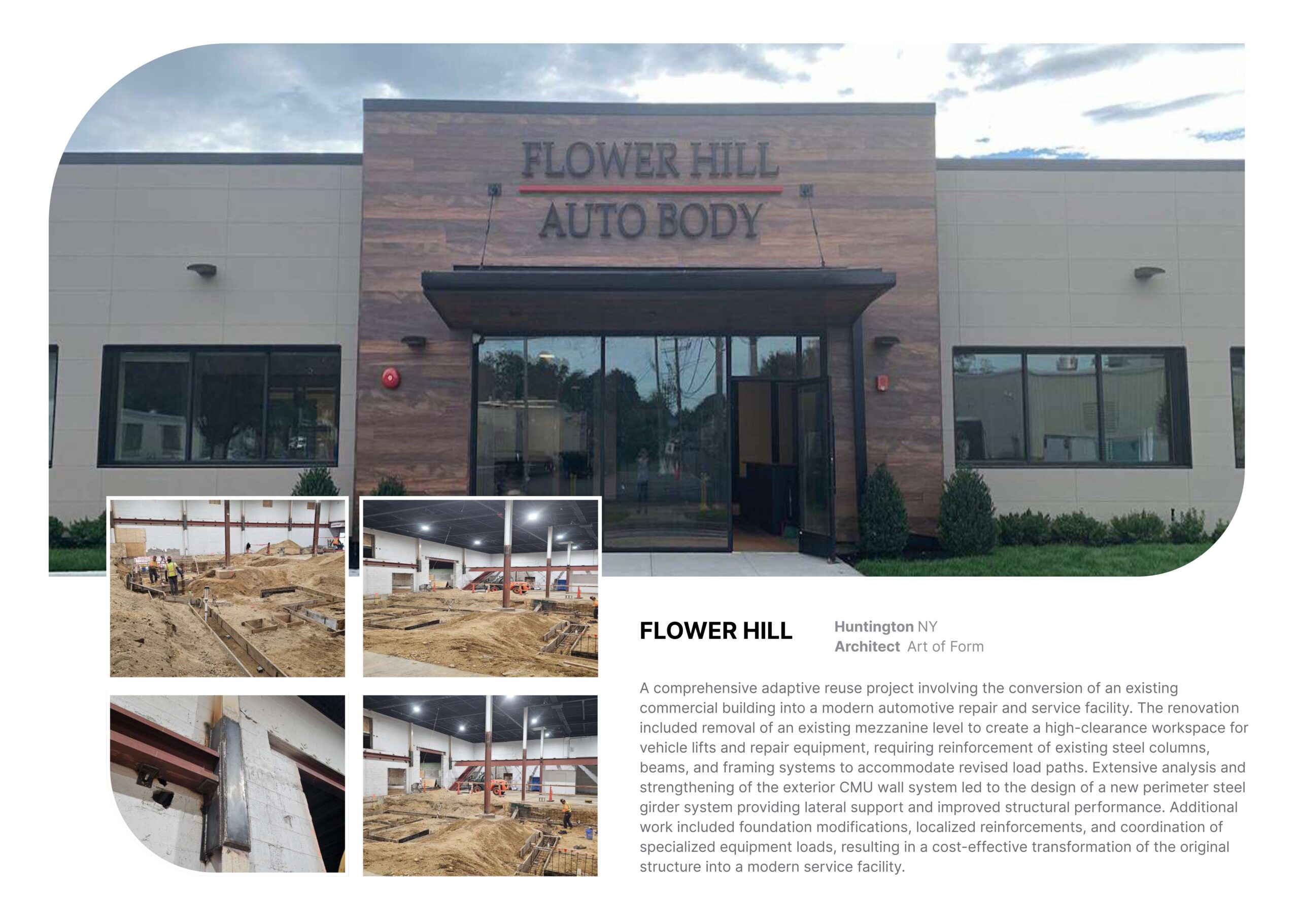 comprehensive adaptive reuse project involving the conversion of an existing commercial building into a modern automotive repair and service facility