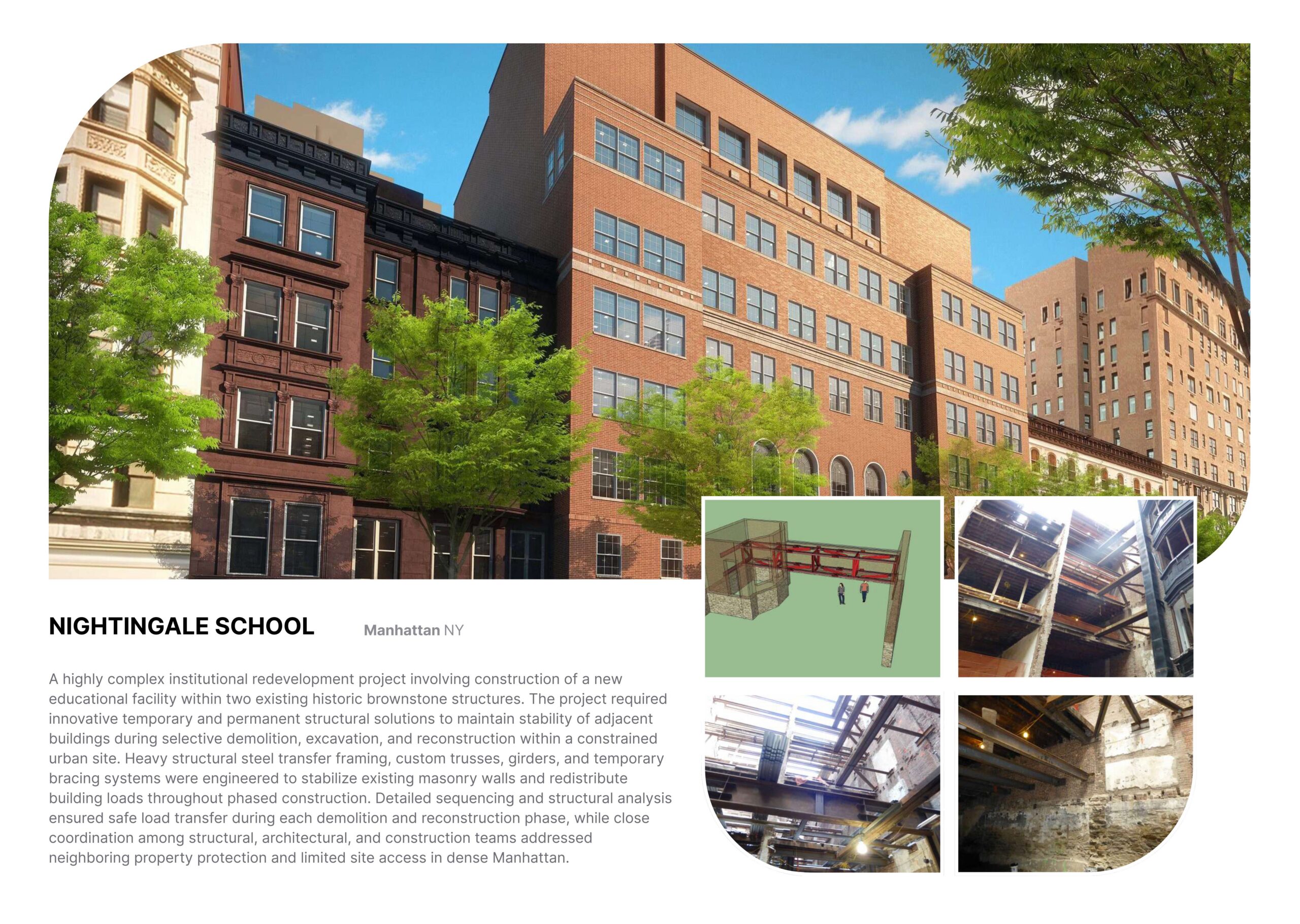 complex institutional redevelopment project involving construction of a new educational facility within two existing historic brownstone structures